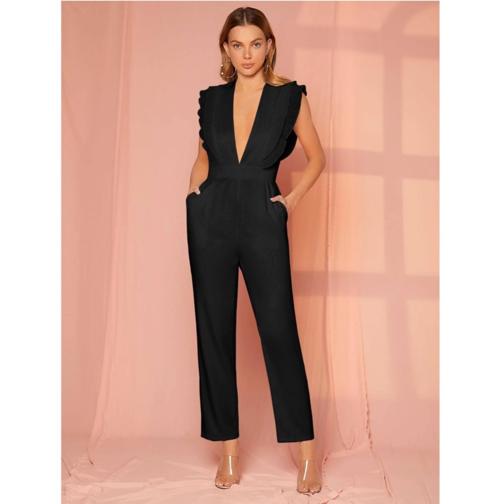 Plunging V Neck Black Jumpsuit Ruffle Detail Sleeveless w/ Pockets - Picture 2 of 8